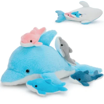 Peluche dauphin avec quatre bébés dauphins